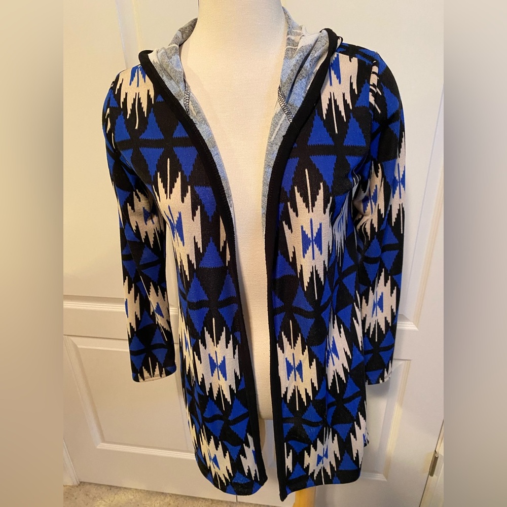 Moa Moa Aztec Print Blue Black Hooded Open Front Sweater Sz M